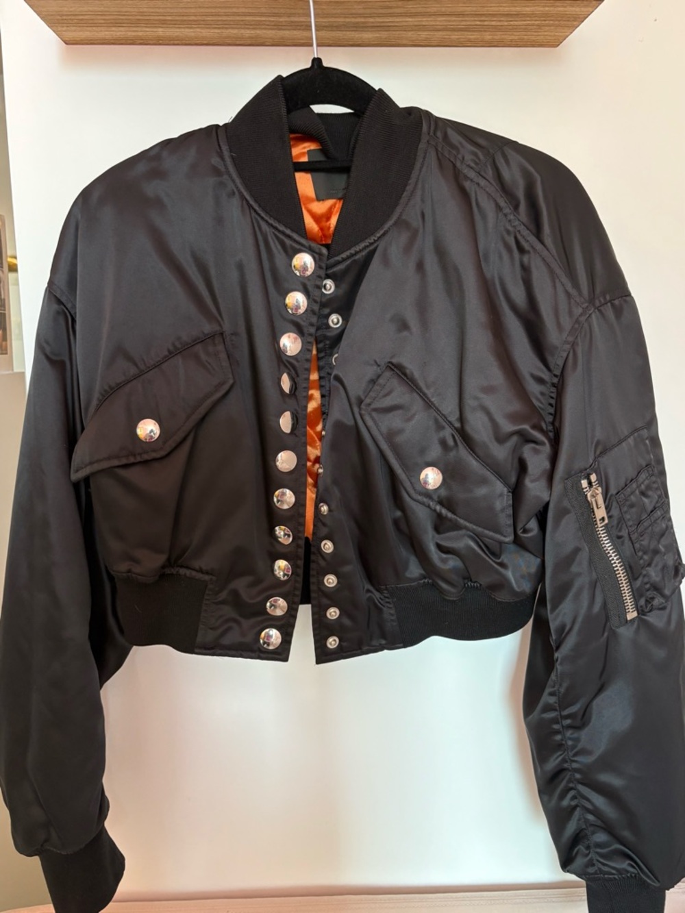 Alexander Wang Black Cropped Bomber Jacket with Orange Lining